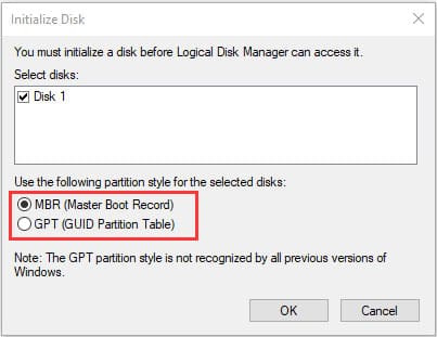 Initialize Disk Using Disk Management Click